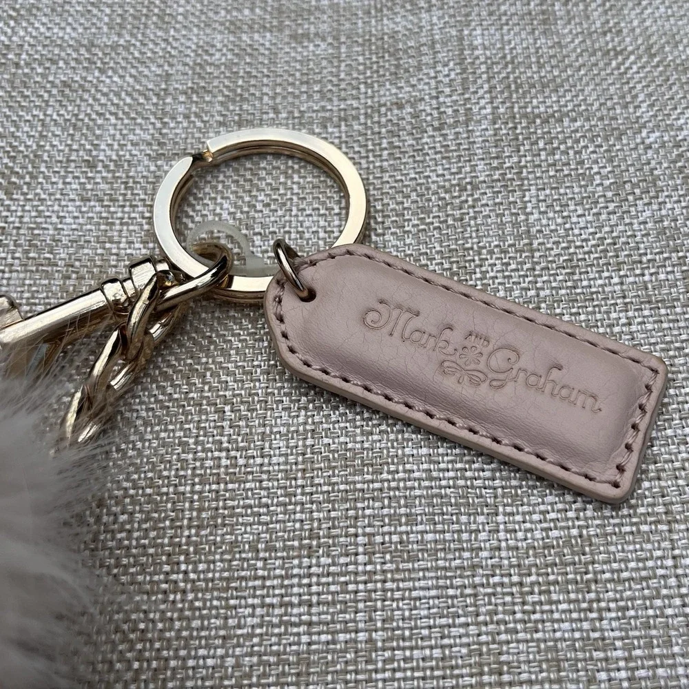 Mark & Graham Pom Pom Keychain Bag Charm Removeable Monogram Ivory Gold Hardware